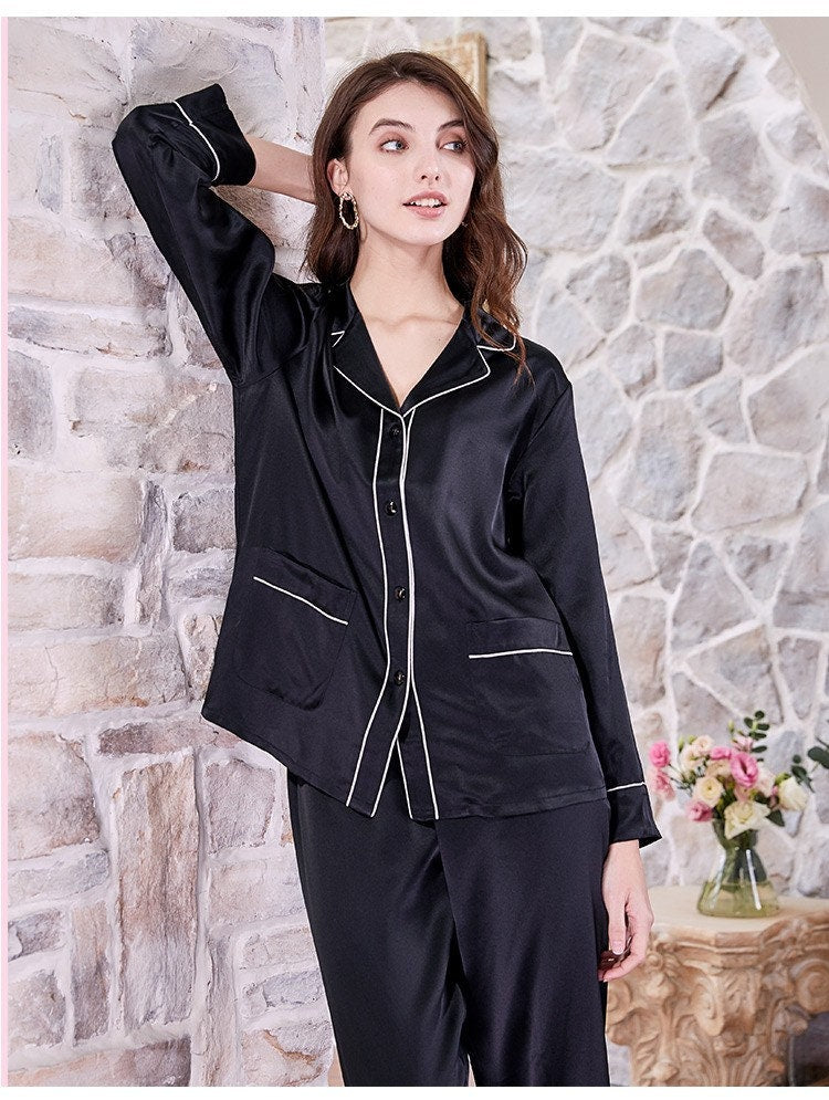 Midnight Black Pure Silk Couples Pajama Set Couples Loungewear And