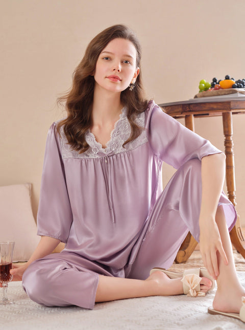 Damen-Pyjama-Set aus Seide mit 3/4-Ärmeln