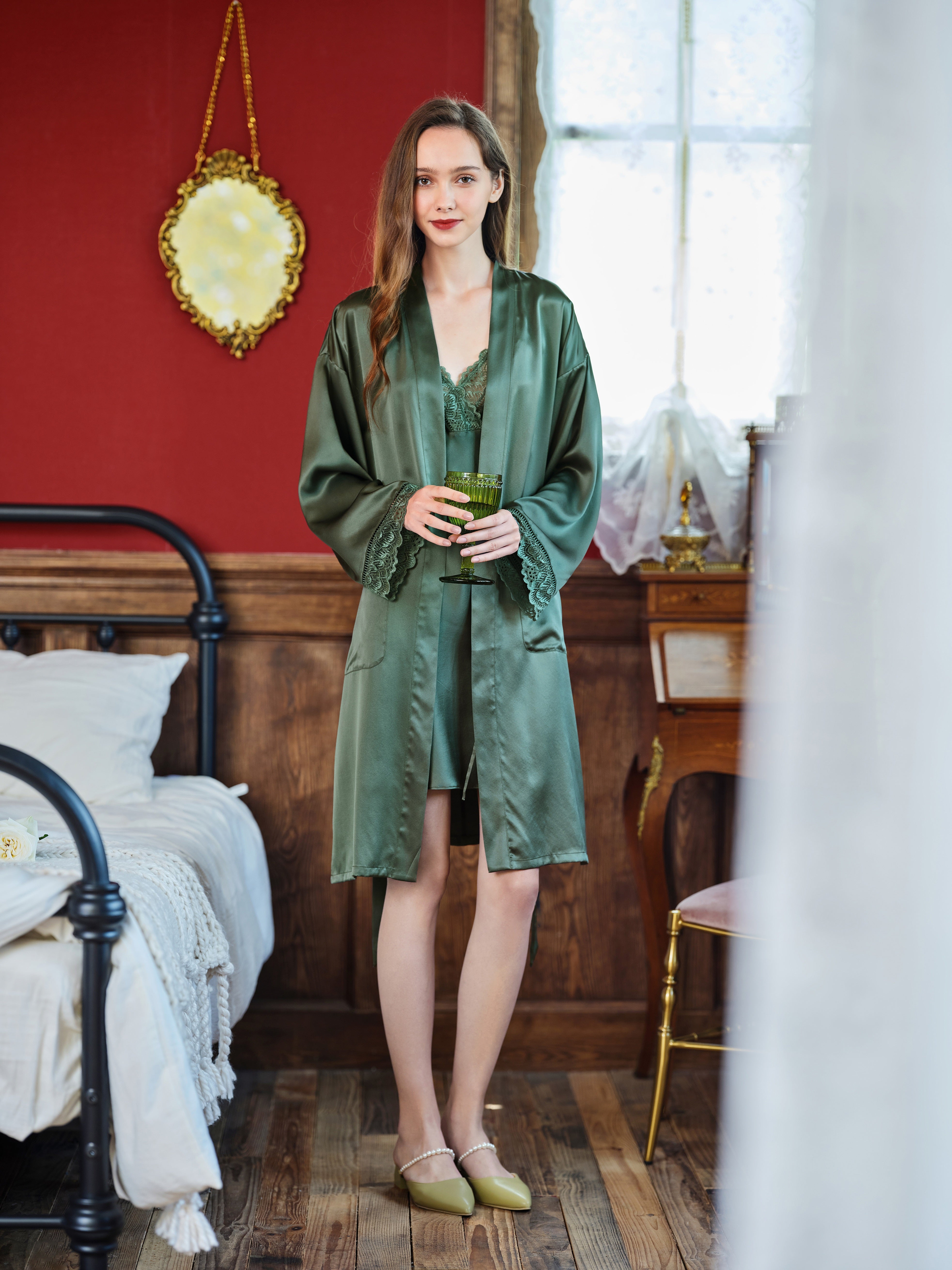 Silk Lace Robe Vintage Dark Green Solid Color Long Sleeve Women s Dressing Gown Premium Mulberry Silk Ginell Silks