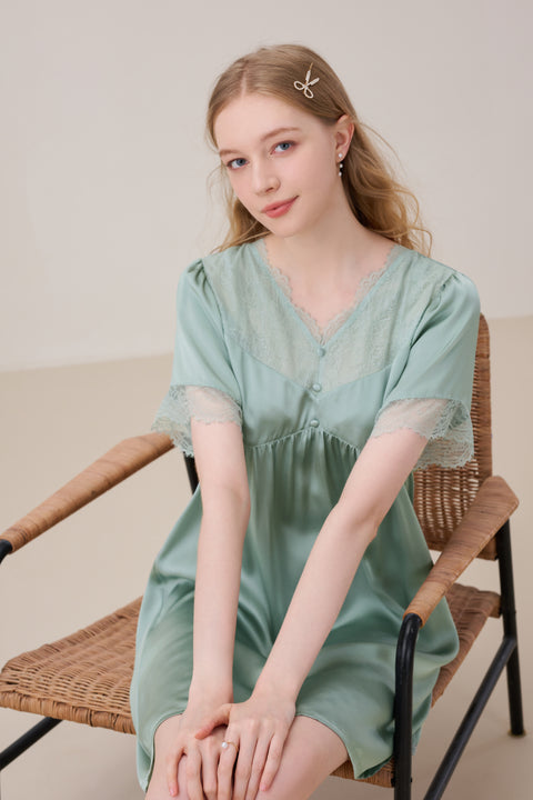 Short Sleeve Silk Nightgown Lace V Neck and Trim
