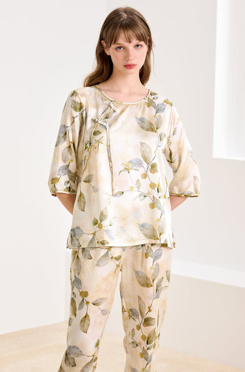 Luxurious Vintage Chinese Style Silk Pajama Set Leaves Print