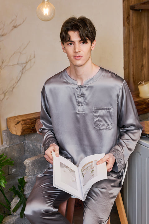 Long-sleeved Silk Pajama Set for Men with Embroidered Cuffs Silk Loungewear